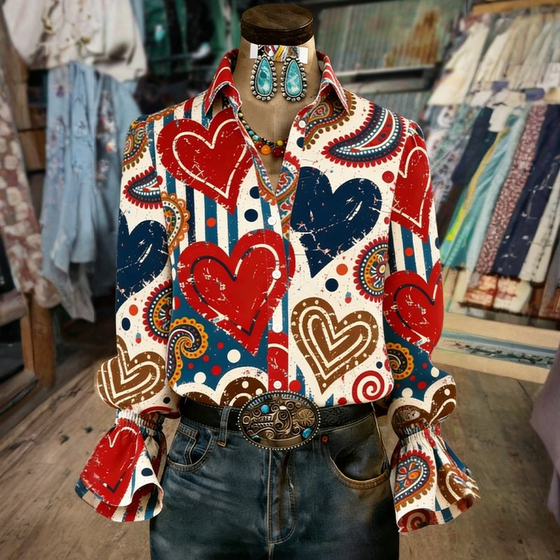 BLUSA VINTAGE CON ESTAMPADO DE CORAZONES