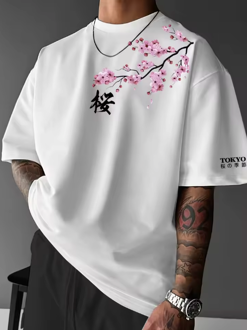 Camiseta urbana para hombre de corte holgado – algodón 100% premium, ajuste oversize casual y estampado japonés de flor de cerezo