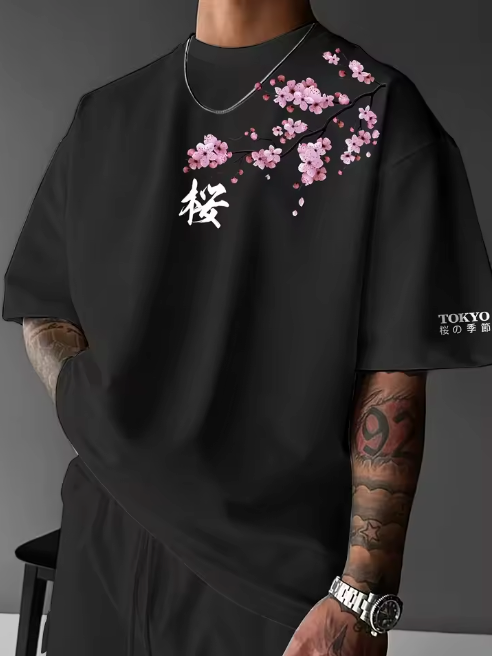 Camiseta urbana para hombre de corte holgado – algodón 100% premium, ajuste oversize casual y estampado japonés de flor de cerezo