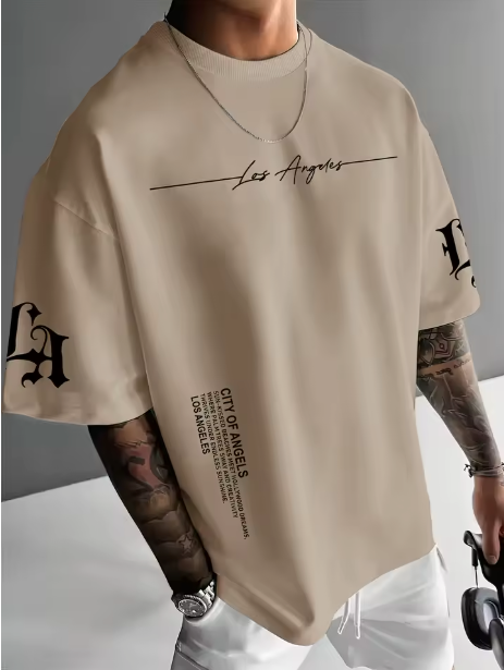 Camiseta urbana para hombre de corte holgado – tejido ligero y transpirable, ajuste oversize casual y estampado tipográfico de letras