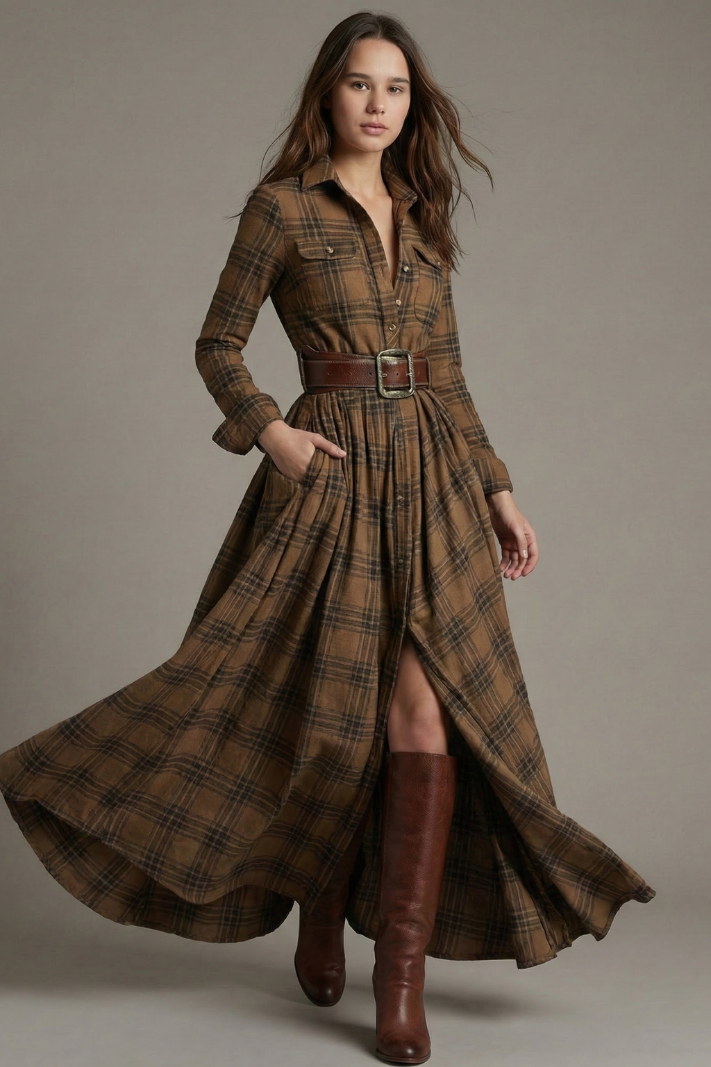 VESTIDO CAMISERO LARGO A CUADROS