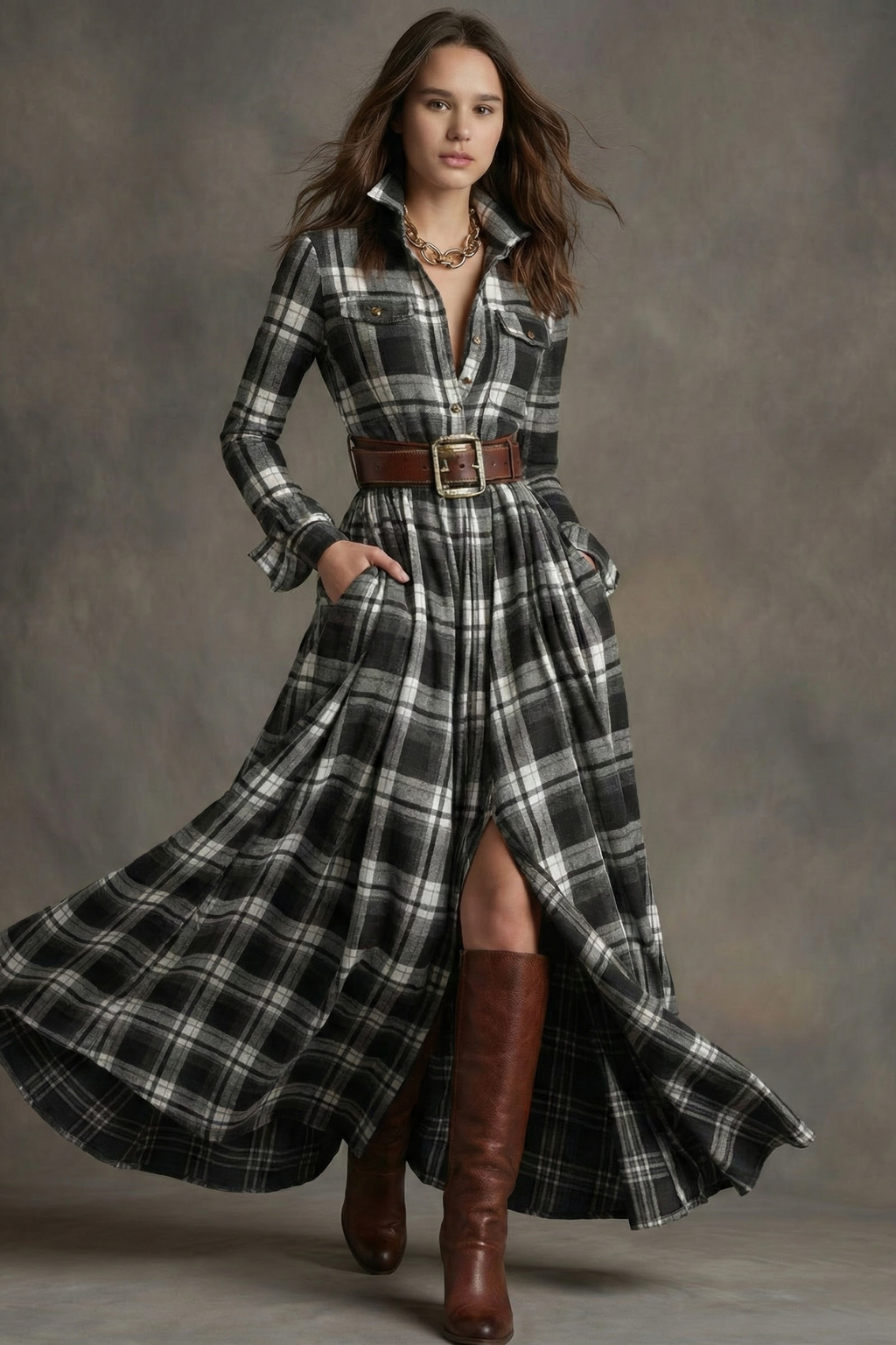 VESTIDO CAMISERO LARGO A CUADROS