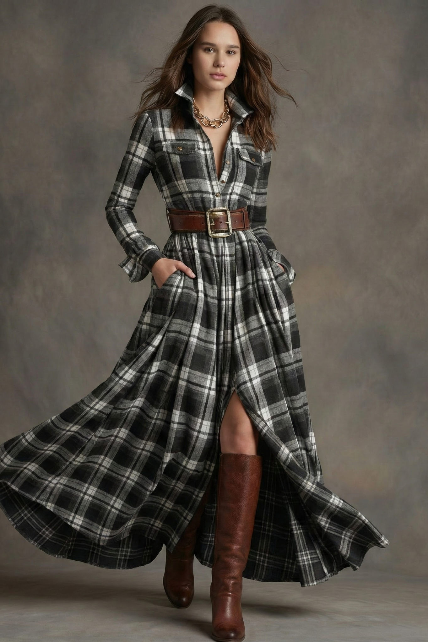 VESTIDO CAMISERO LARGO A CUADROS