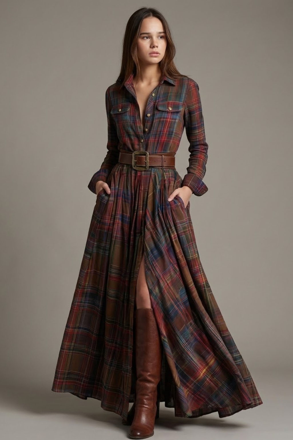 VESTIDO CAMISERO LARGO A CUADROS