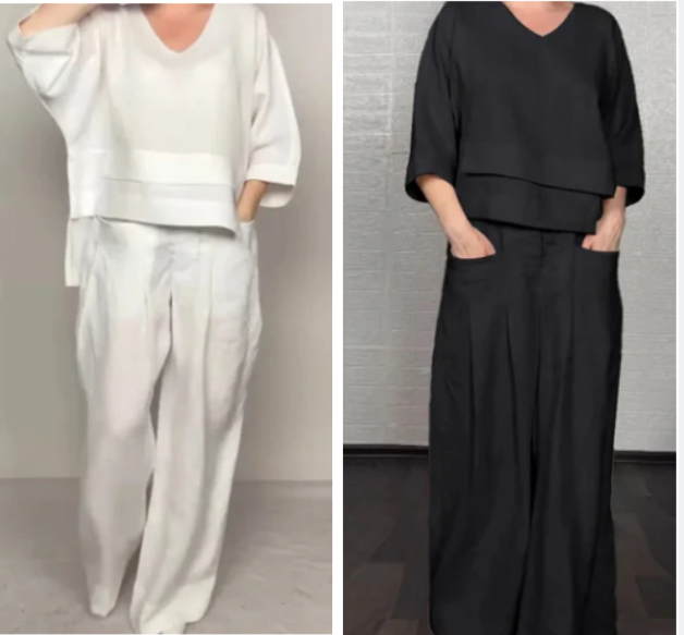 Conjunto de dos piezas de algodón y lino con doblado irregular