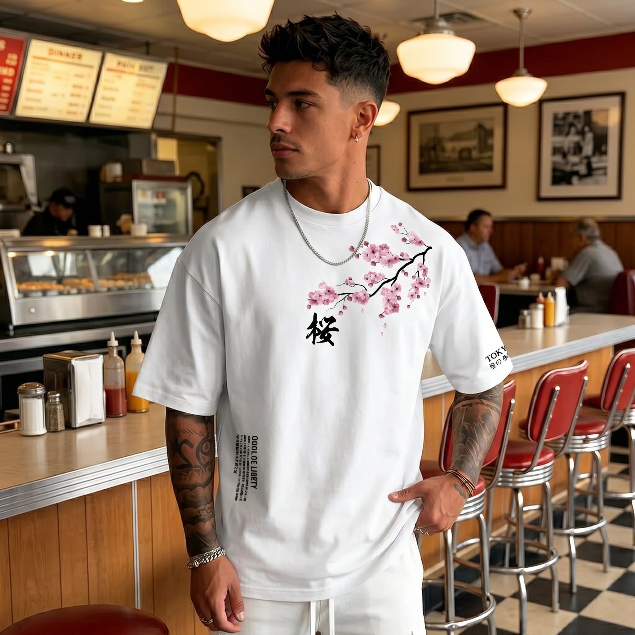 Camiseta urbana para hombre de corte holgado – algodón 100% premium, ajuste oversize casual y estampado japonés de flor de cerezo