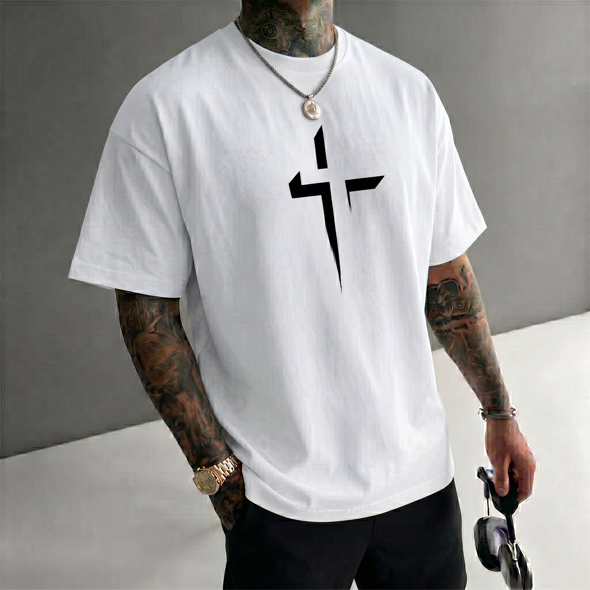 Camiseta urbana para hombre de corte holgado – algodón 100% premium, ajuste oversize casual y estampado gráfico cruzado