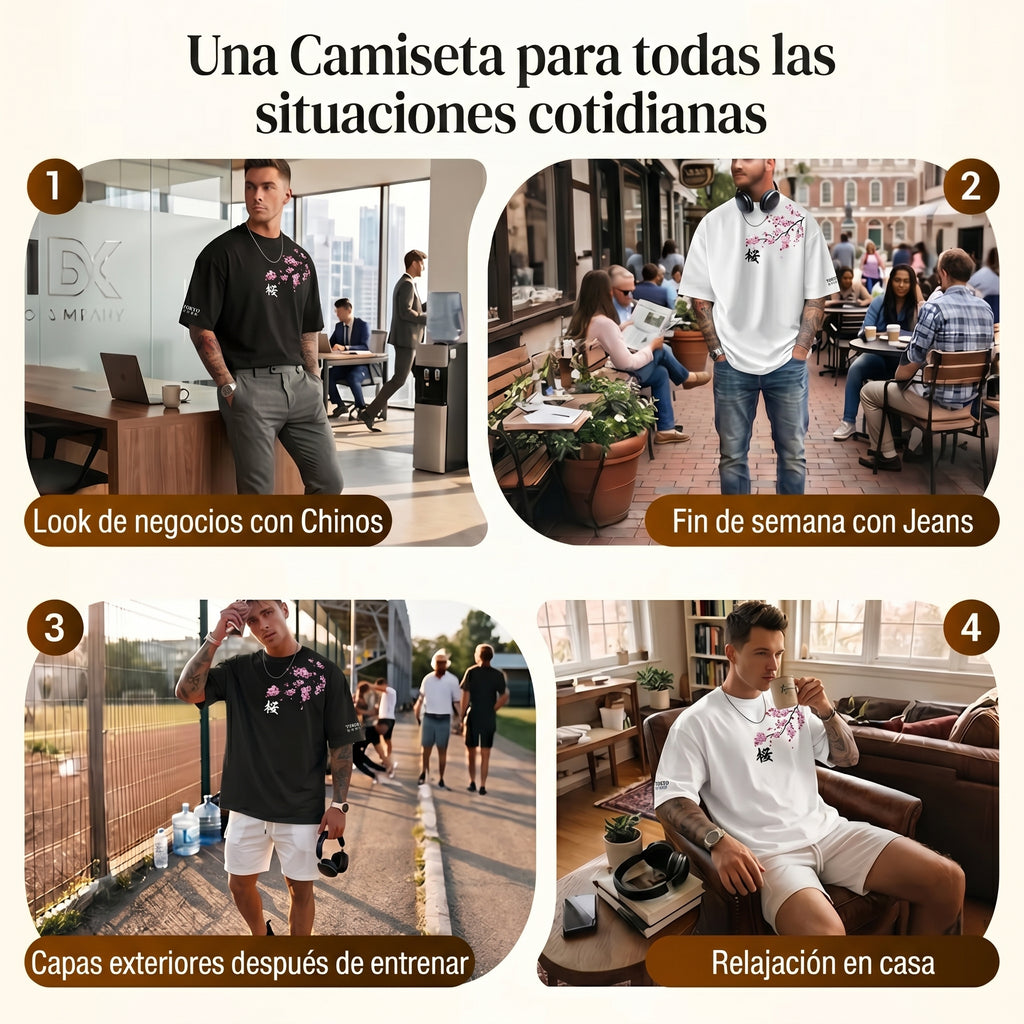 Camiseta urbana para hombre de corte holgado – algodón 100% premium, ajuste oversize casual y estampado japonés de flor de cerezo
