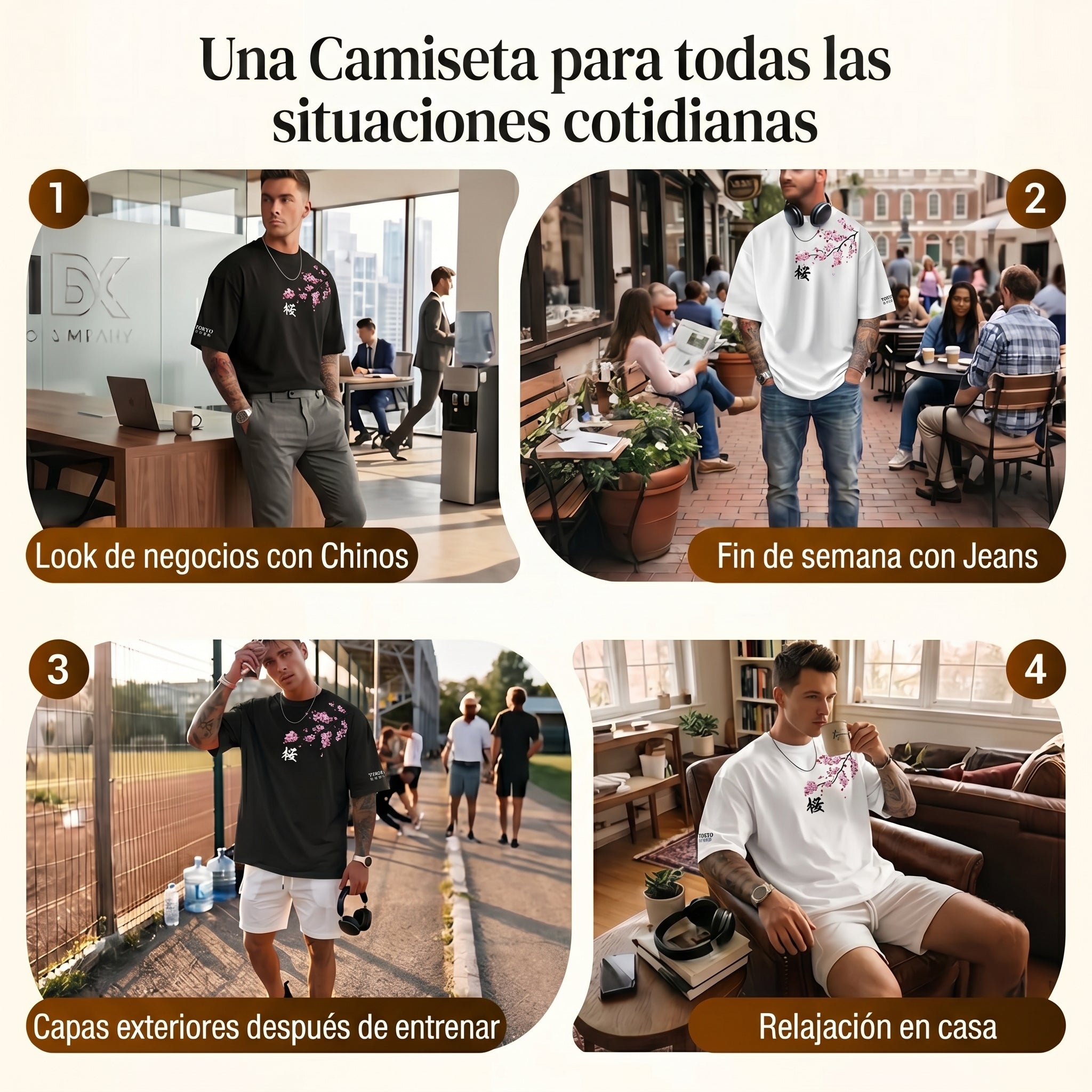 Camiseta urbana para hombre de corte holgado – algodón 100% premium, ajuste oversize casual y estampado japonés de flor de cerezo