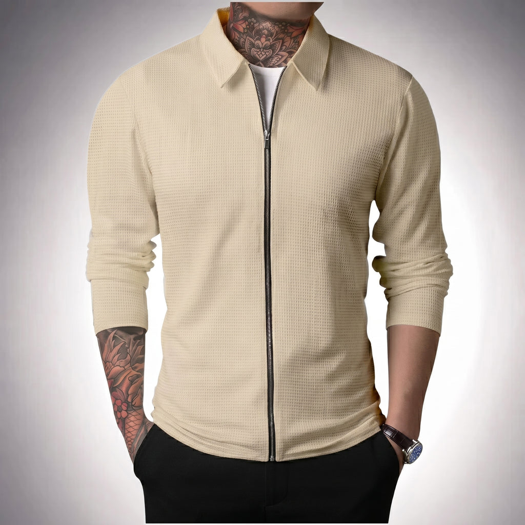 Chaqueta tipo polo para hombre, estilo waffle, casual y deportiva con cierre.