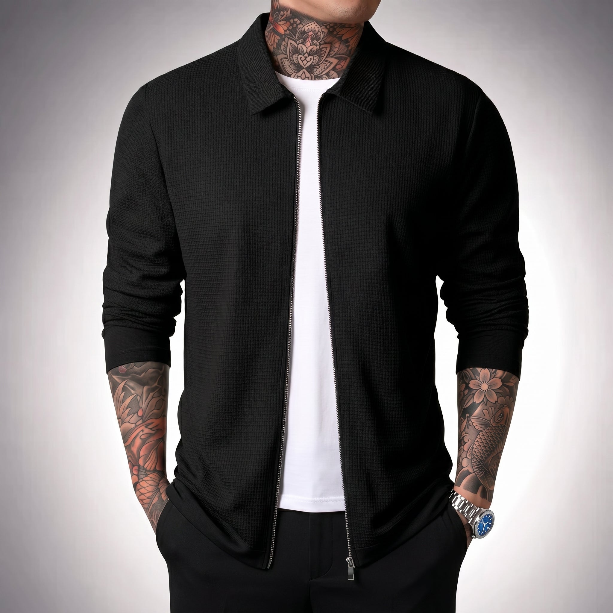 Chaqueta tipo polo para hombre, estilo waffle, casual y deportiva con cierre.