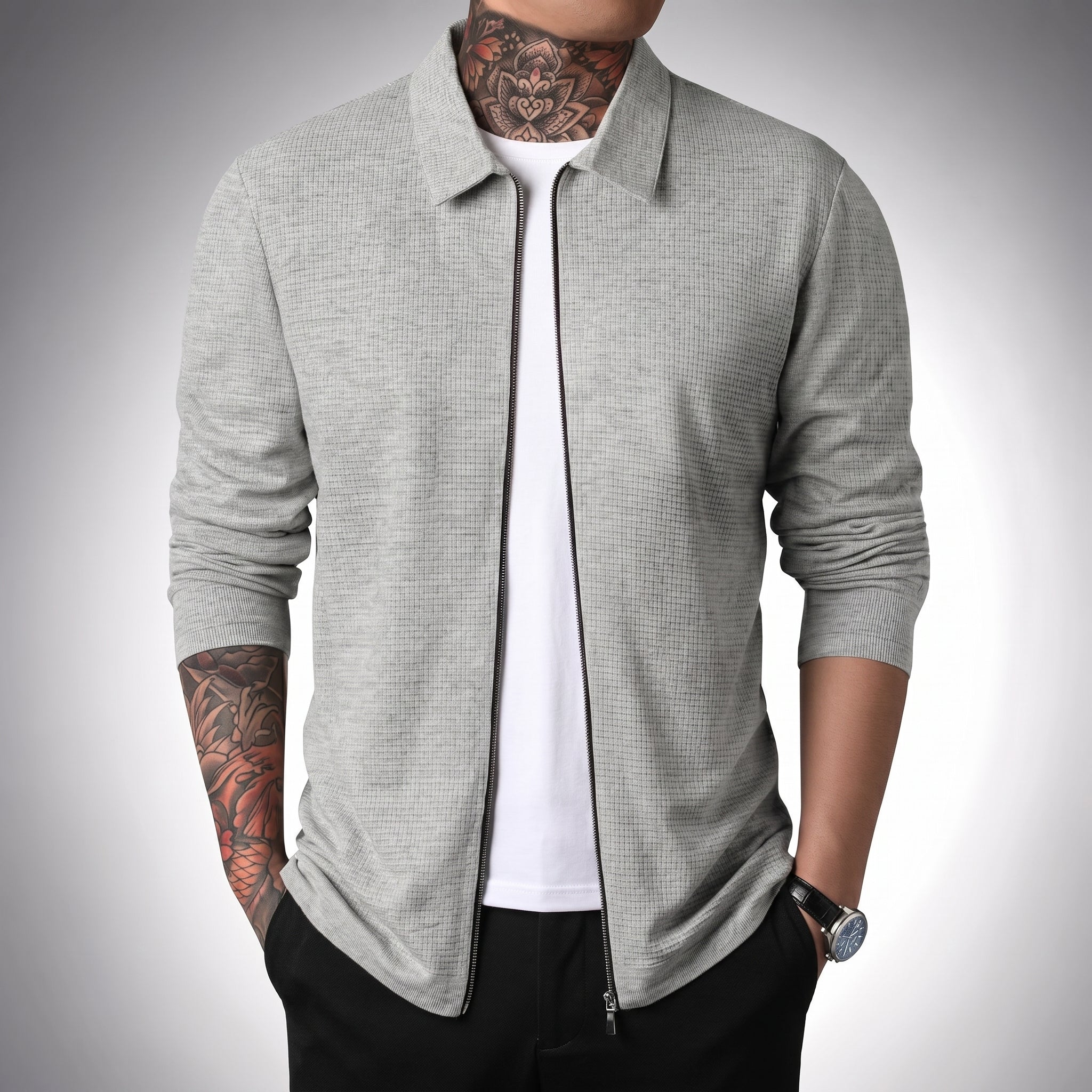 Chaqueta tipo polo para hombre, estilo waffle, casual y deportiva con cierre.