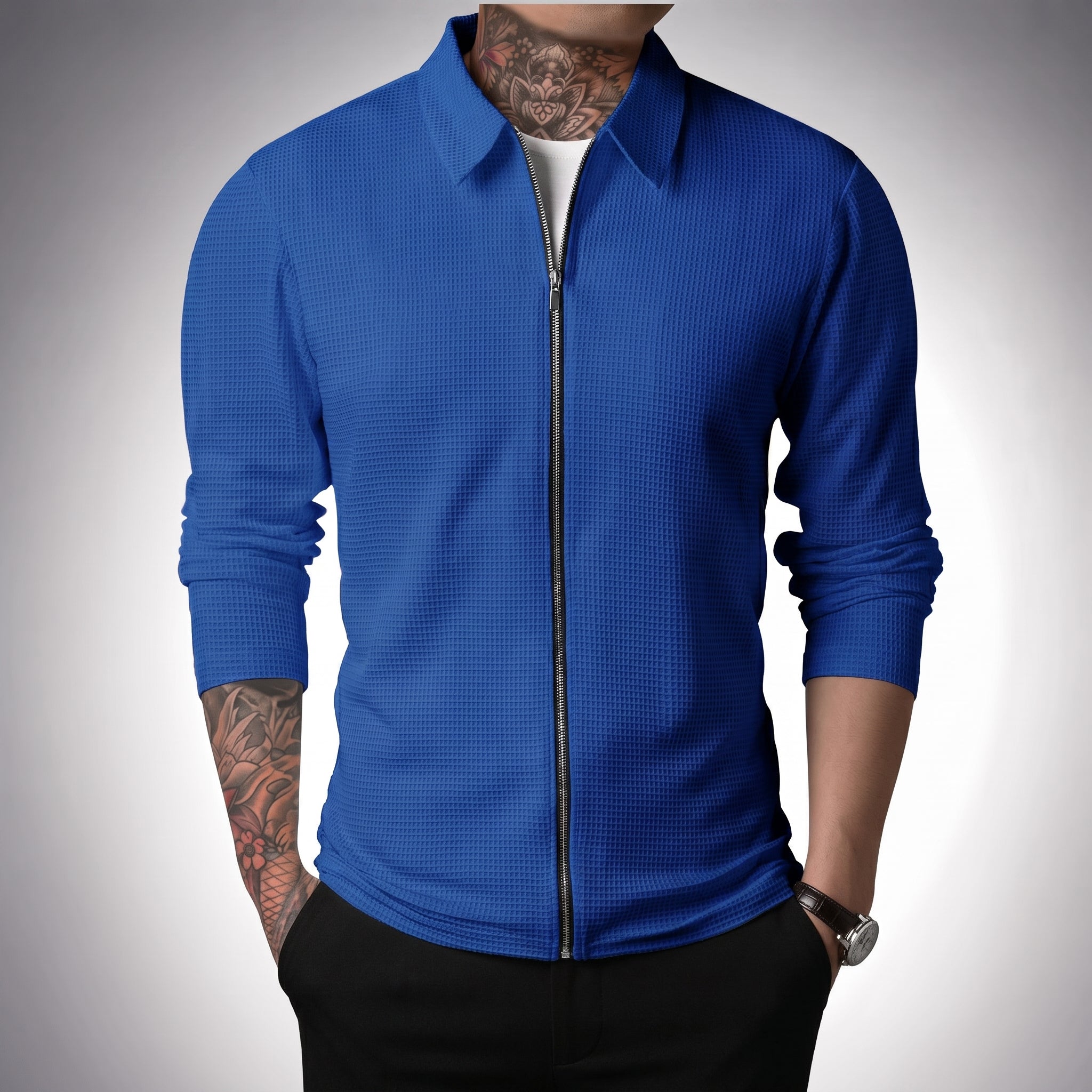 Chaqueta tipo polo para hombre, estilo waffle, casual y deportiva con cierre.