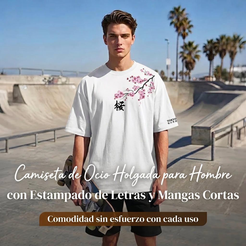 Camiseta urbana para hombre de corte holgado – algodón 100% premium, ajuste oversize casual y estampado japonés de flor de cerezo