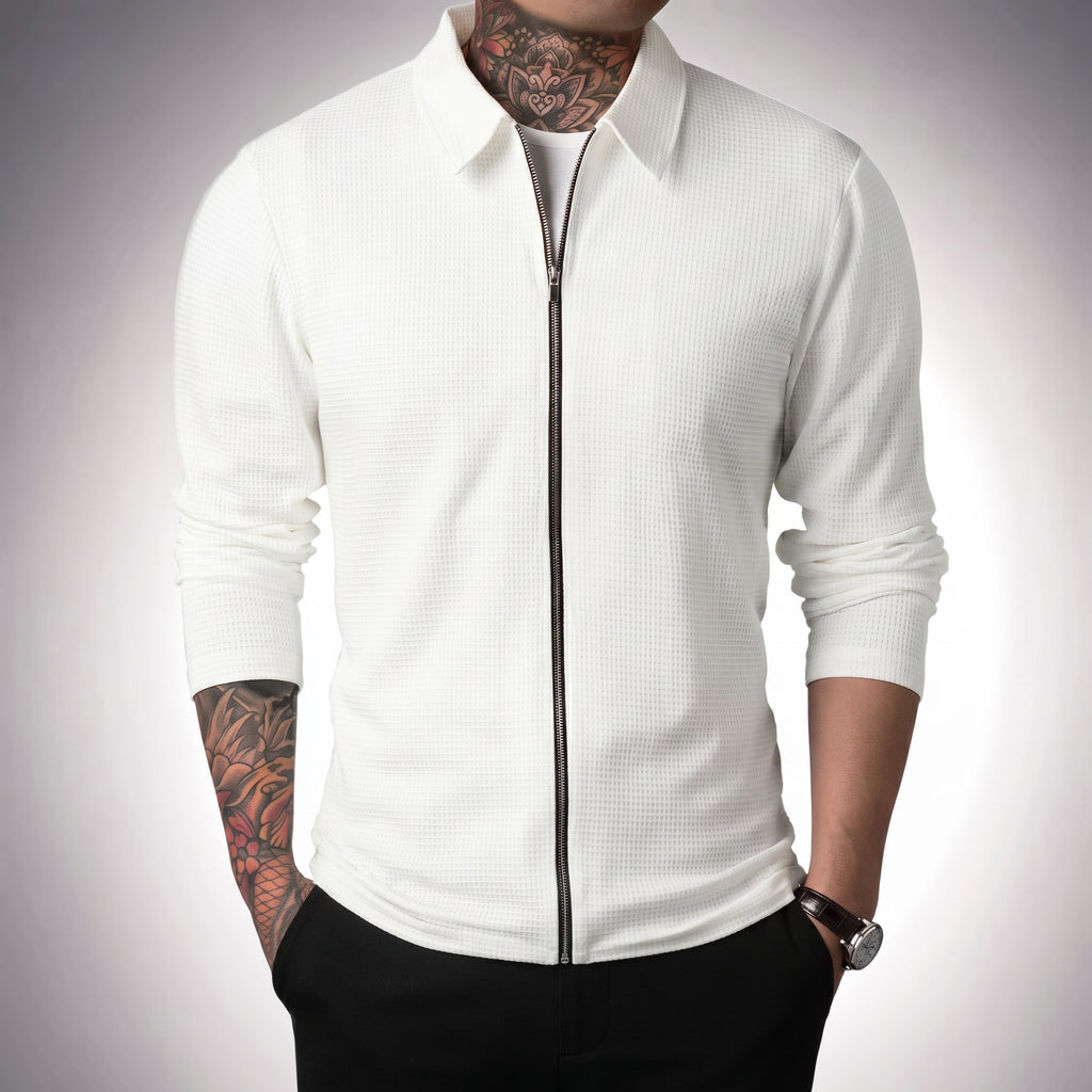 Chaqueta tipo polo para hombre, estilo waffle, casual y deportiva con cierre.