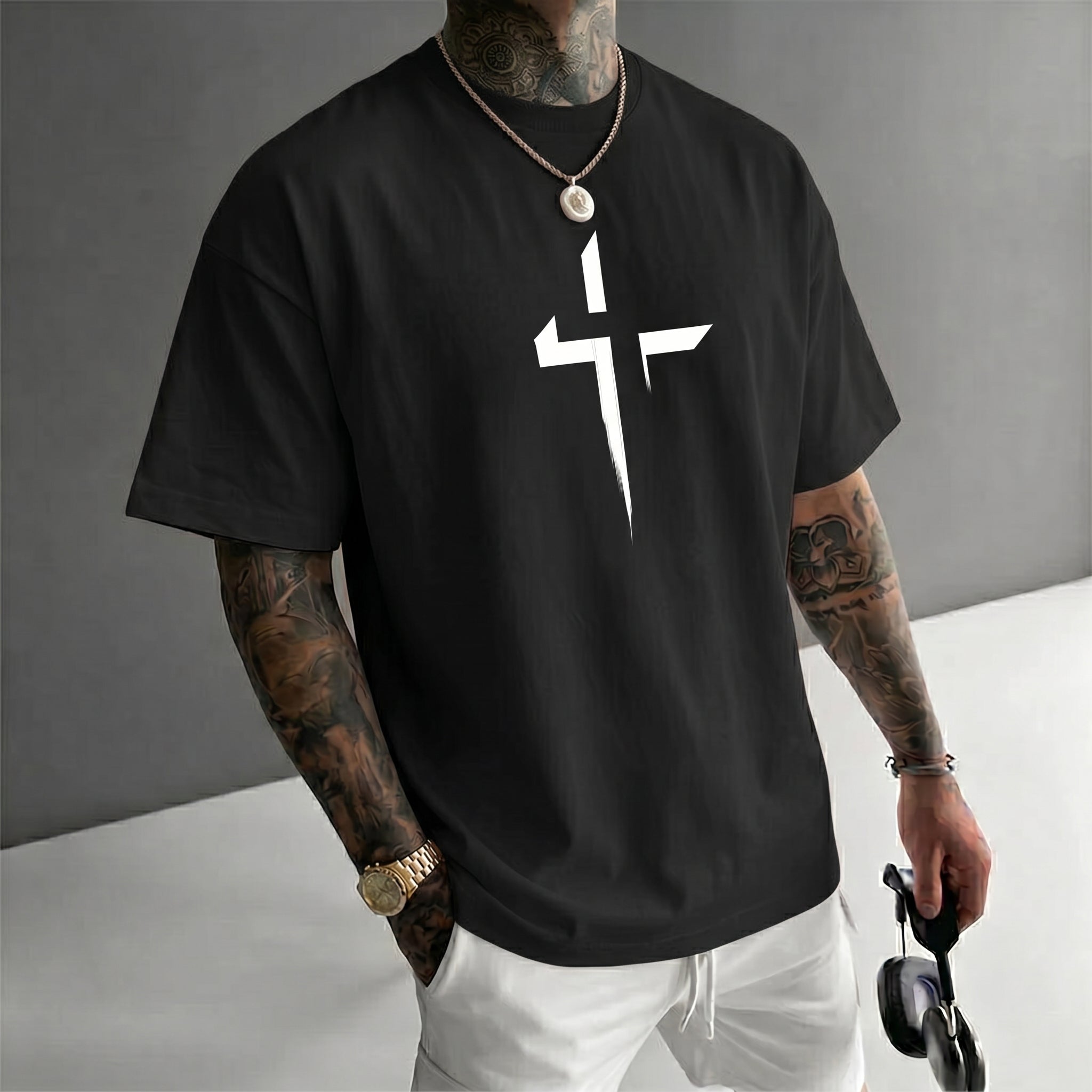 Camiseta urbana para hombre de corte holgado – algodón 100% premium, ajuste oversize casual y estampado gráfico cruzado