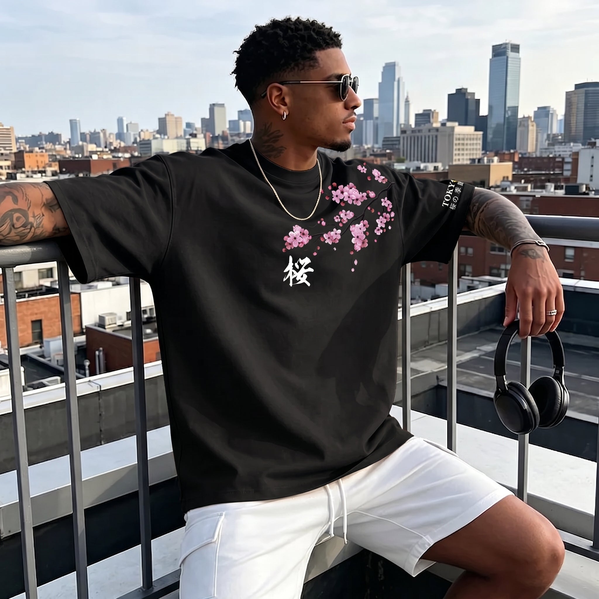 Camiseta urbana para hombre de corte holgado – algodón 100% premium, ajuste oversize casual y estampado japonés de flor de cerezo