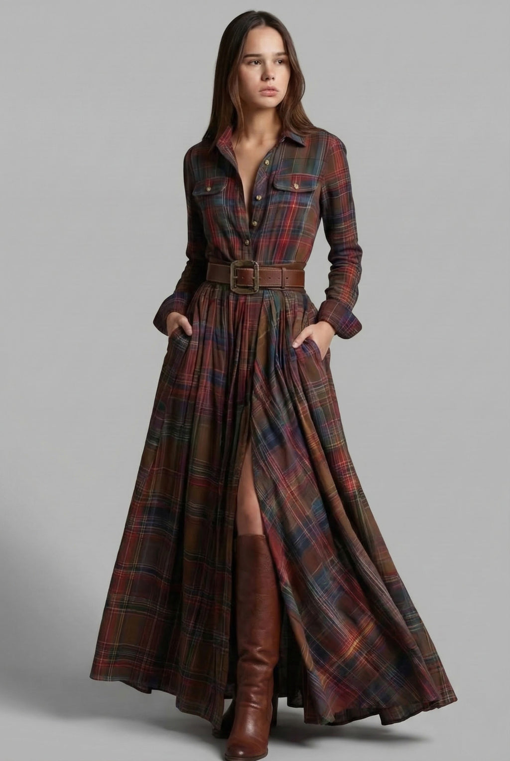 VESTIDO CAMISERO LARGO A CUADROS