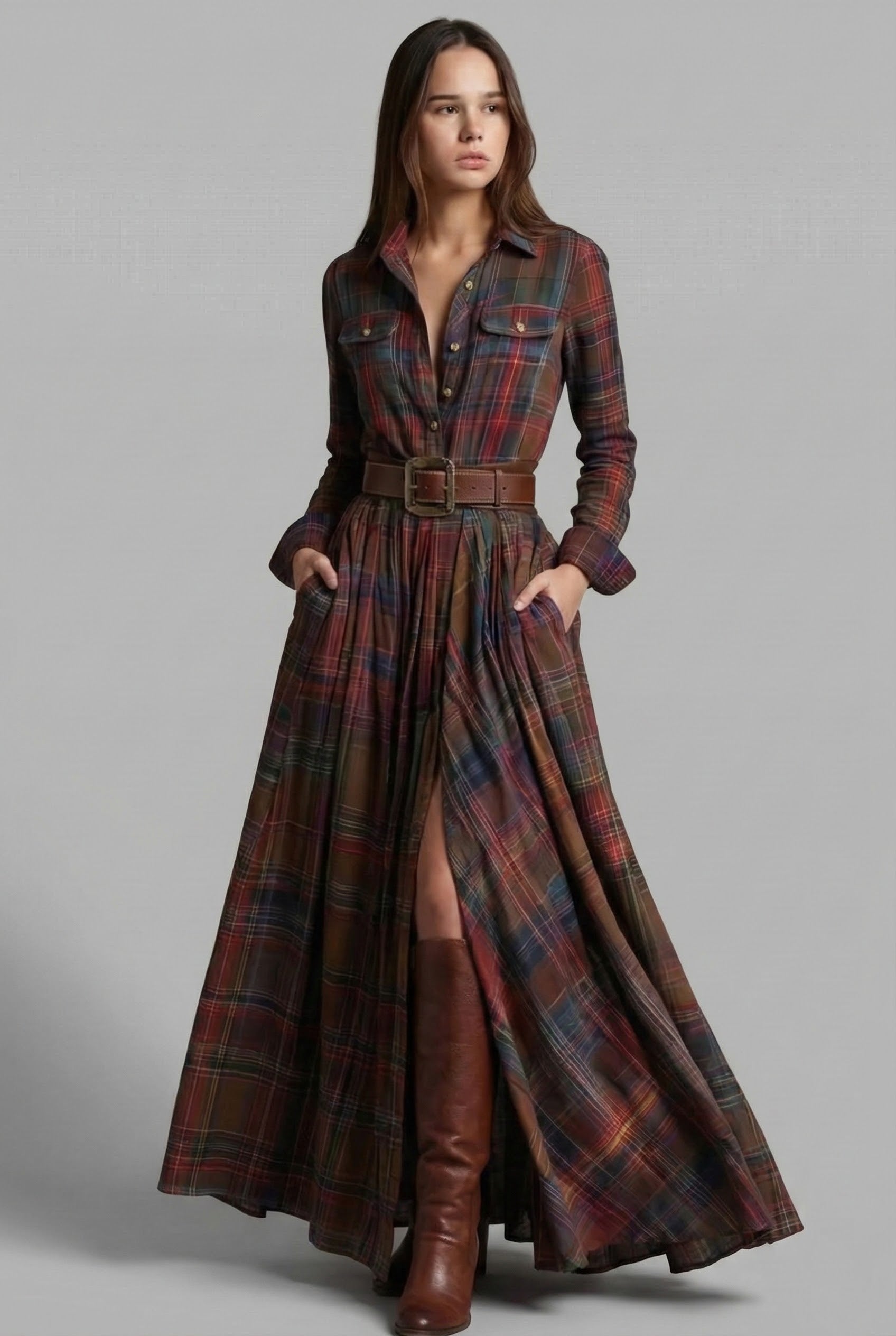 VESTIDO CAMISERO LARGO A CUADROS