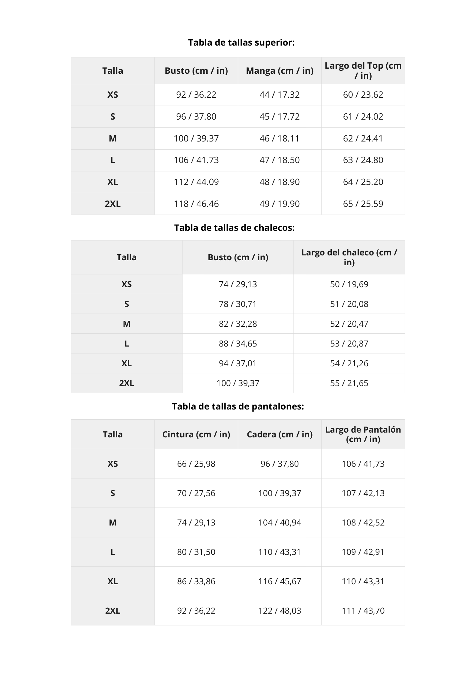 Tabla de tallas