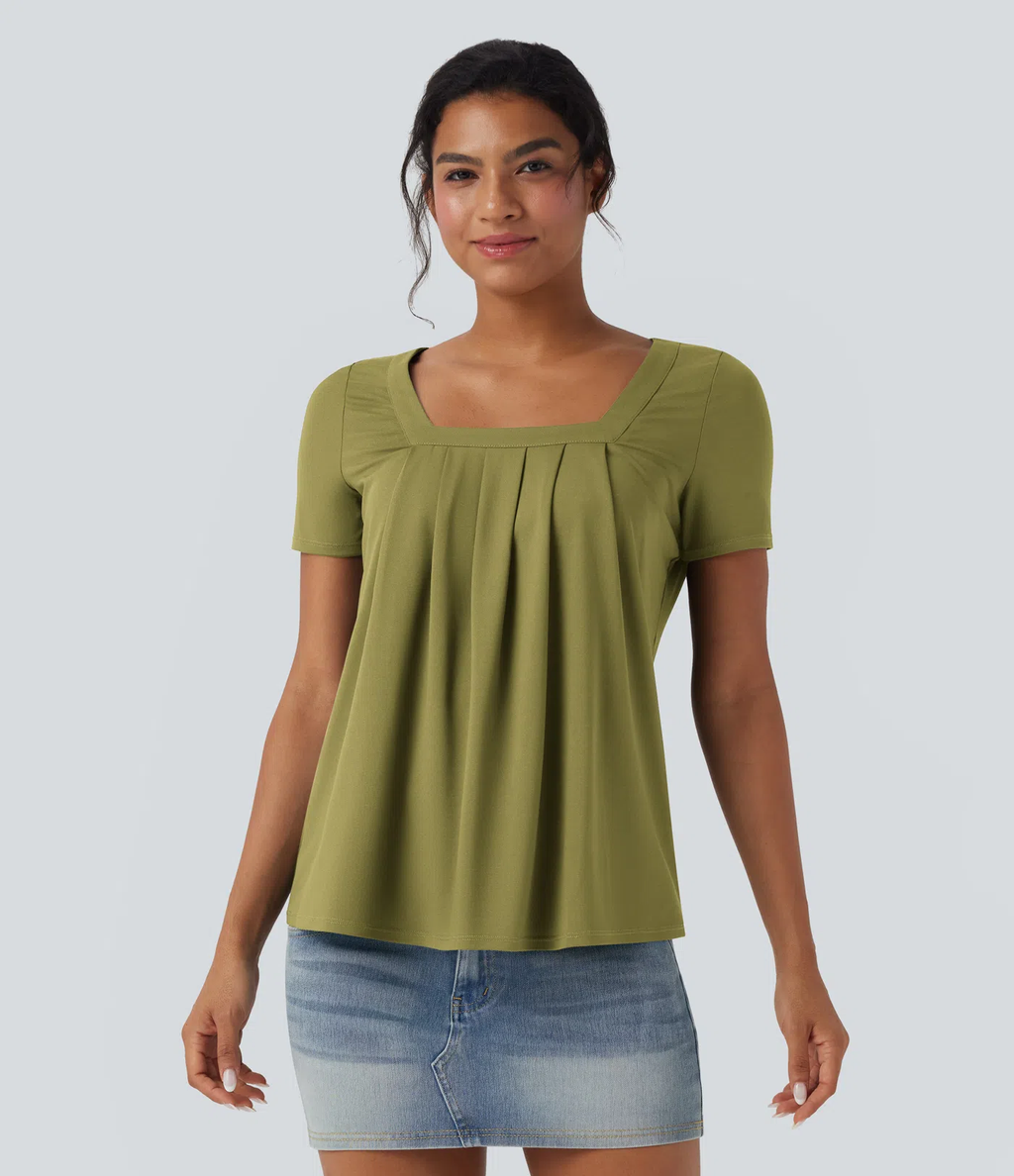Top informal de cuello cuadrado y manga corta
