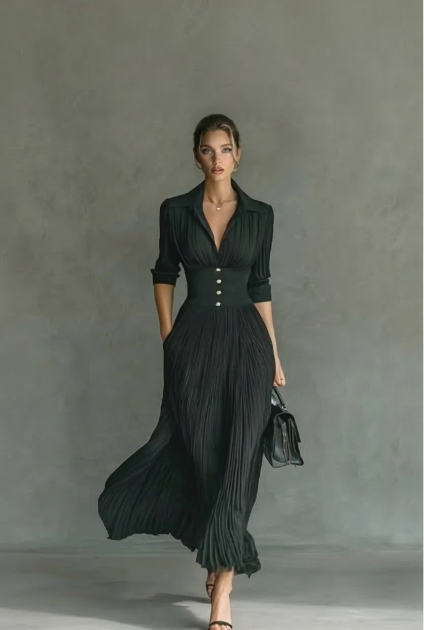 Vestido de cintura alta con pliegues y cuello en V