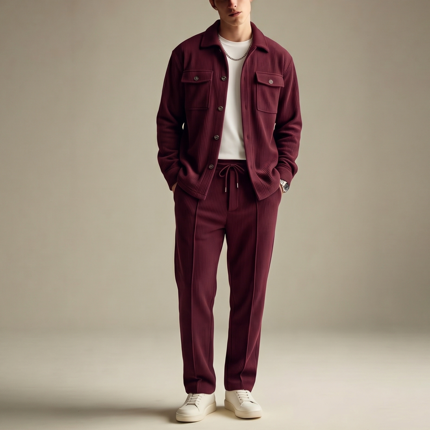 Conjunto casual: camisa de manga larga, pantalón y cárdigan.