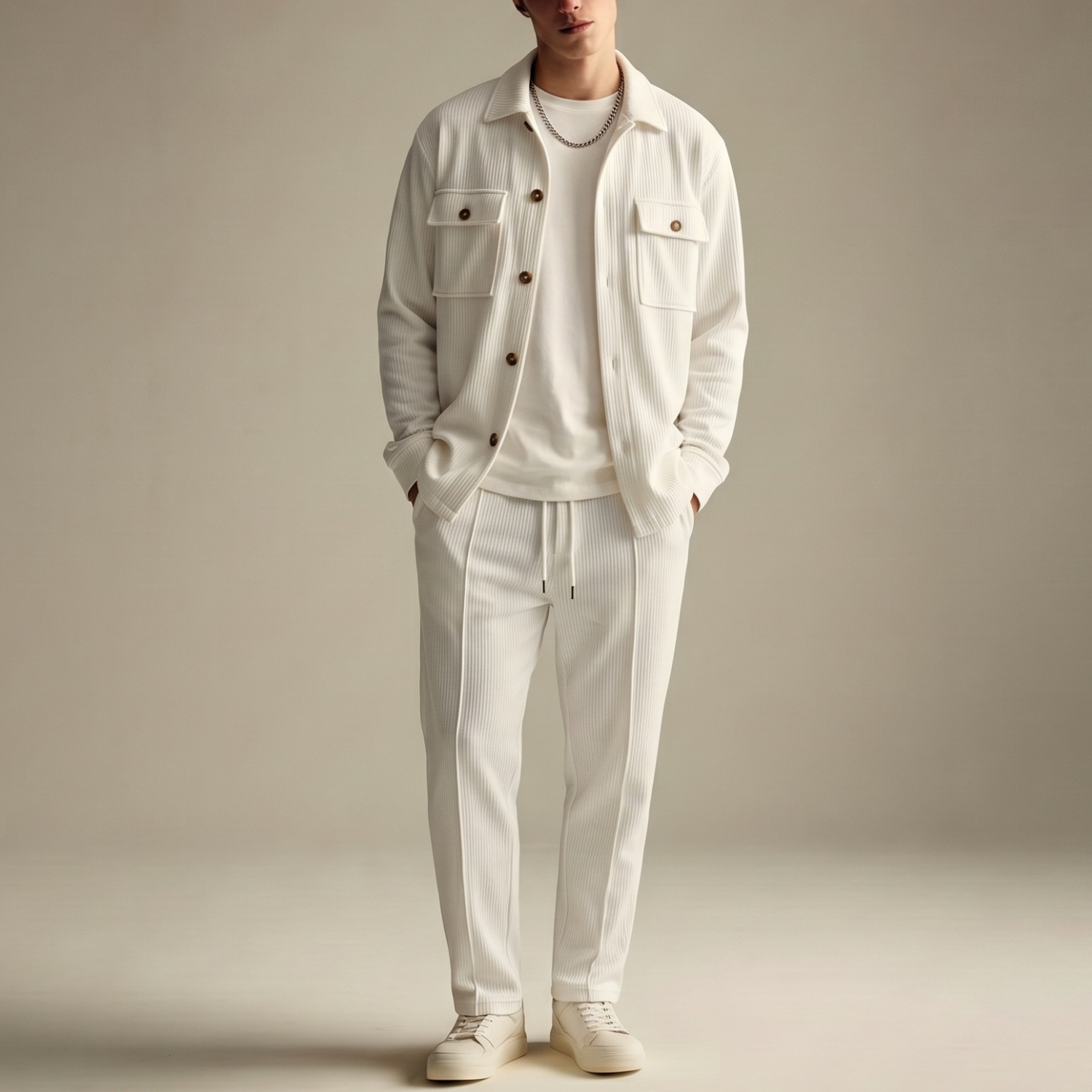 Conjunto casual: camisa de manga larga, pantalón y cárdigan.