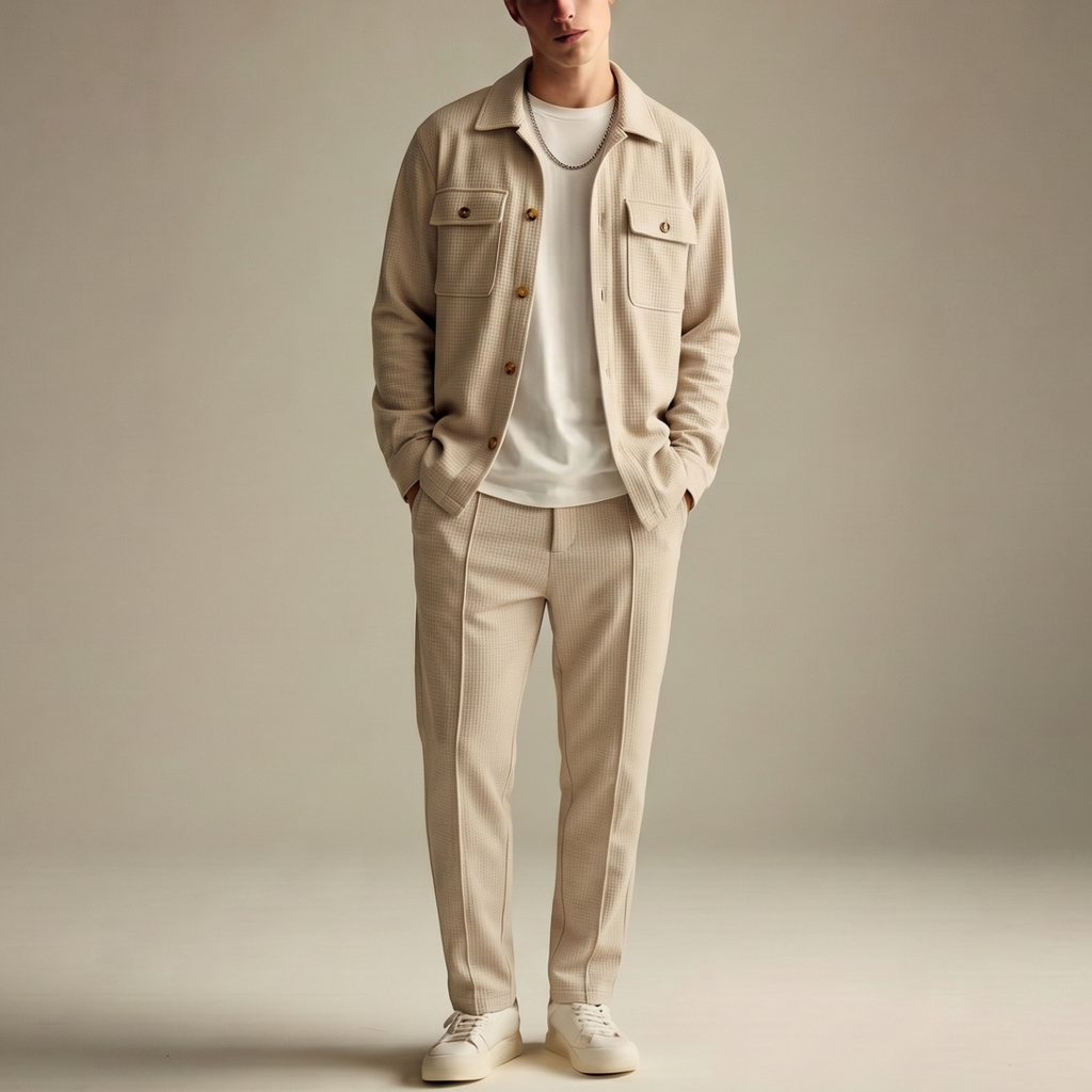 Conjunto casual: camisa de manga larga, pantalón y cárdigan.
