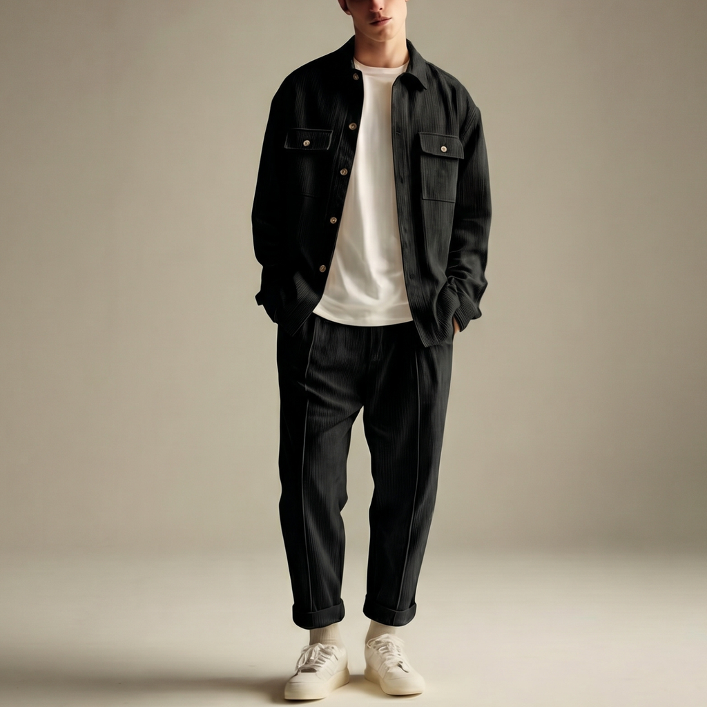 Conjunto casual: camisa de manga larga, pantalón y cárdigan.