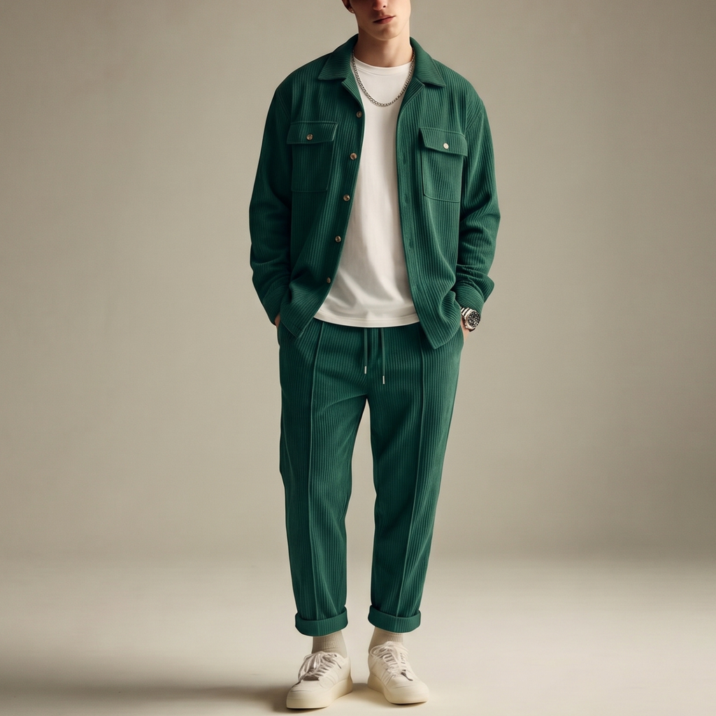 Conjunto casual: camisa de manga larga, pantalón y cárdigan.